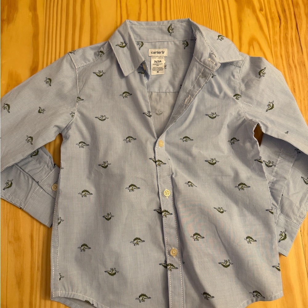 NWT Carter's Blue and Green Button Down Shirt with Dinosaur Print